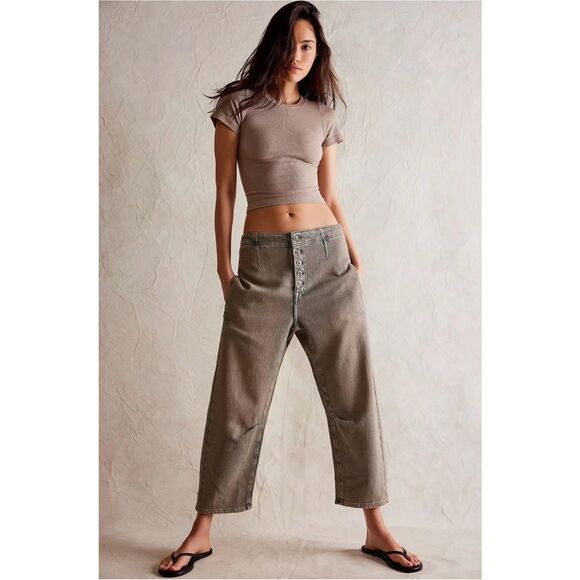 Free People We The Free Osaka Mid Rase Barrel Jeans size 28 Sage Khaki - Picture 1 of 12